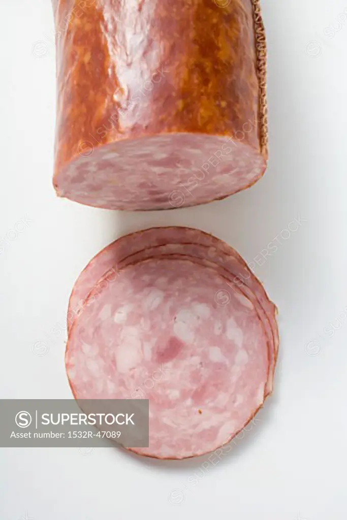 Krakauer (Krakow-style ham sausage) with slices cut