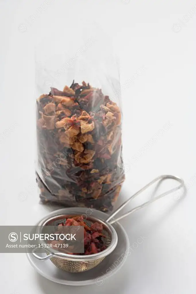 Fruit tea, dry in cellophane and used in strainer