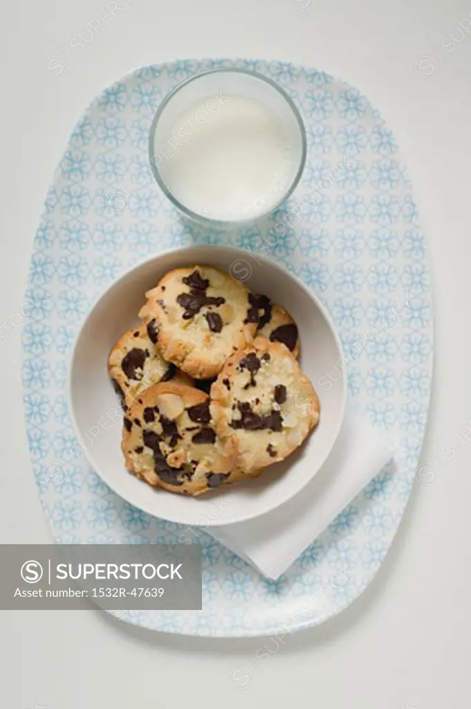 Chocolate chip peanut cookies and glass of milk