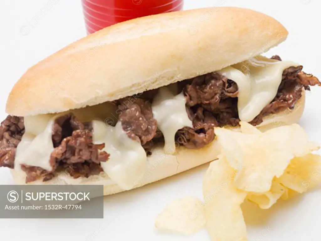 Shredded beef sandwich with melted cheese, crisps