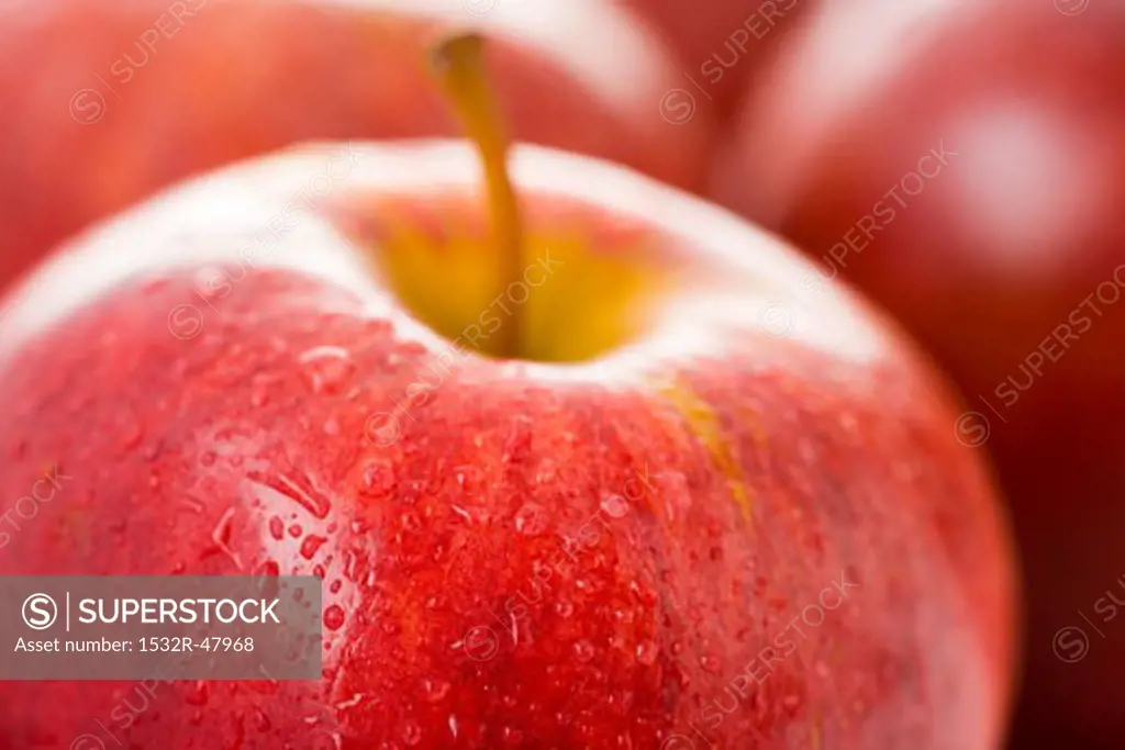 Red apple with drops of water (close-up)