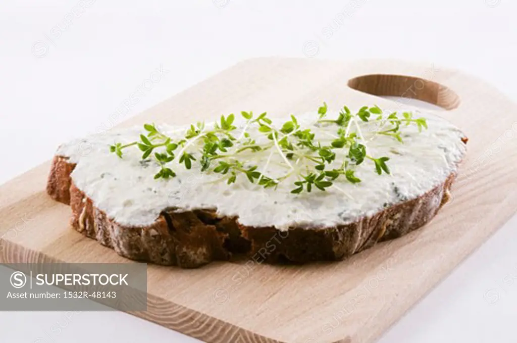 Quark and bread with fresh cress on chopping board
