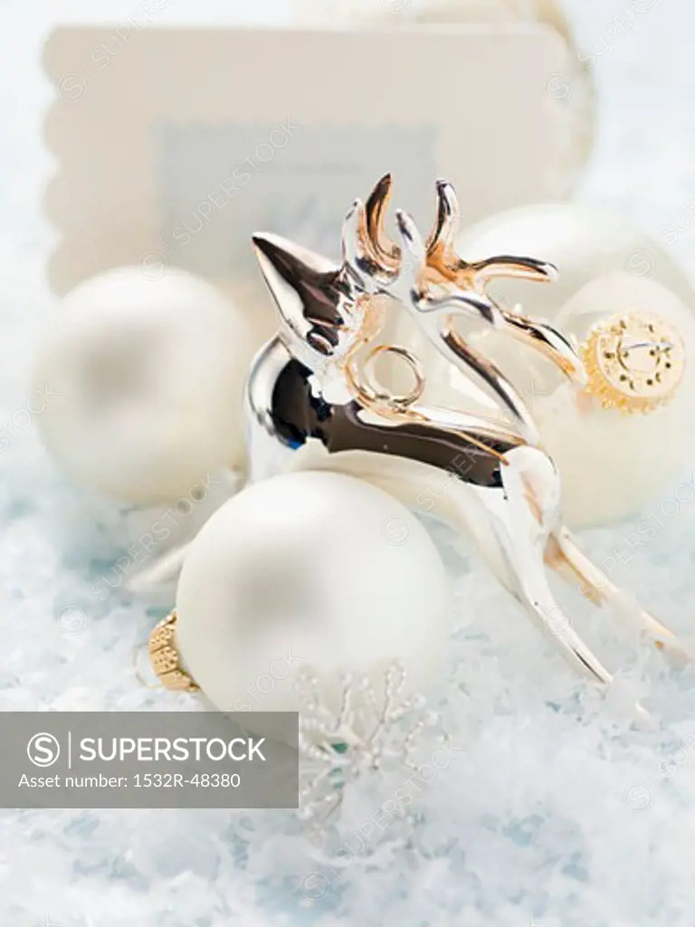 Reindeer, Christmas baubles and Christmas card