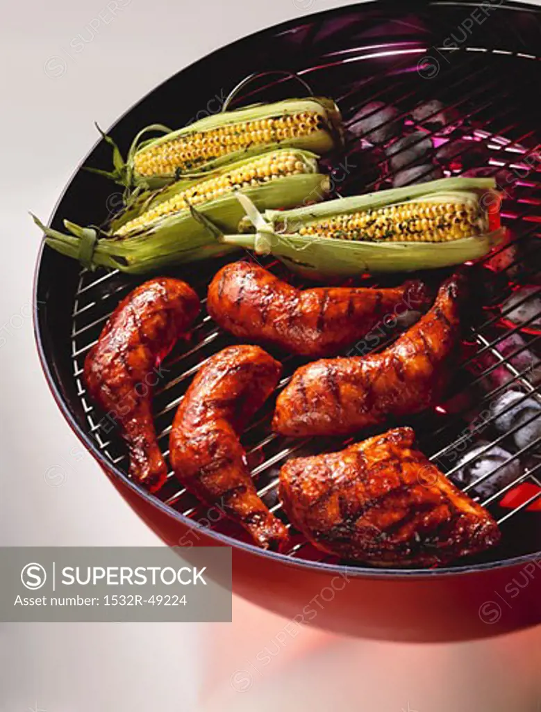 Barbecue Chicken and Corn on the Cob on the Grill