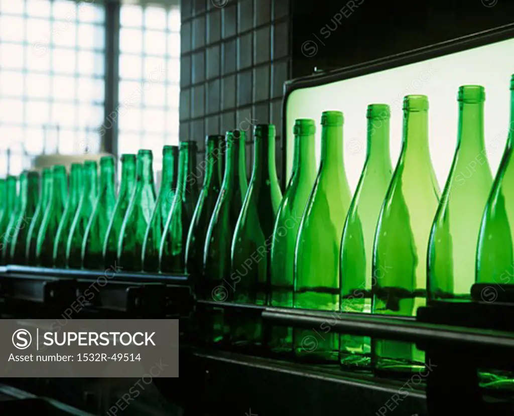 Empty wine bottles in a bottling plant