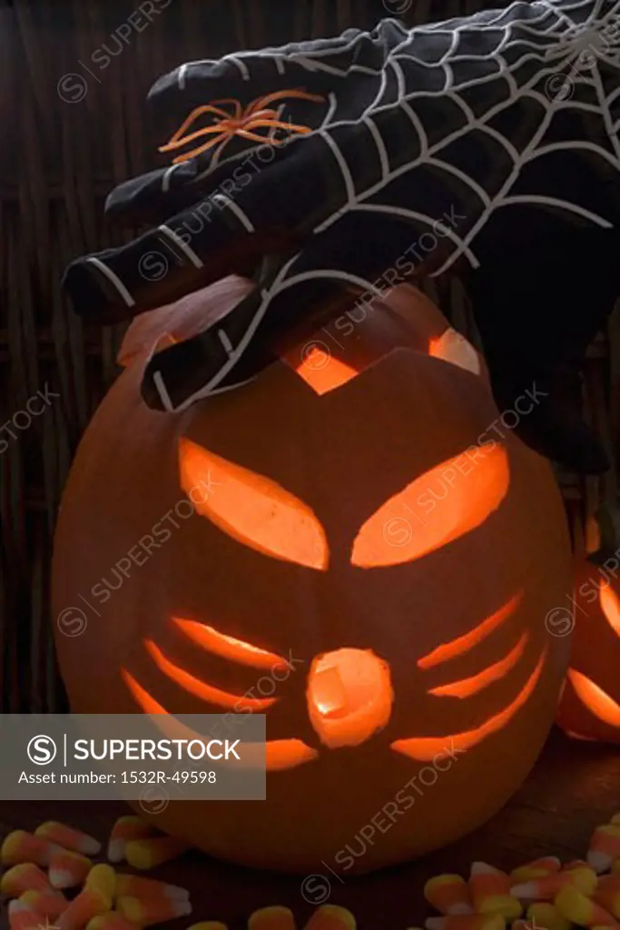 Halloween decorations: pumpkin lantern, cobweb glove, spider