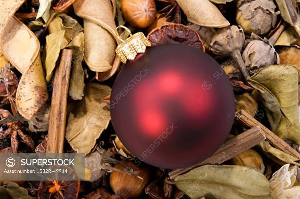 Red Christmas bauble on spices and hazelnuts