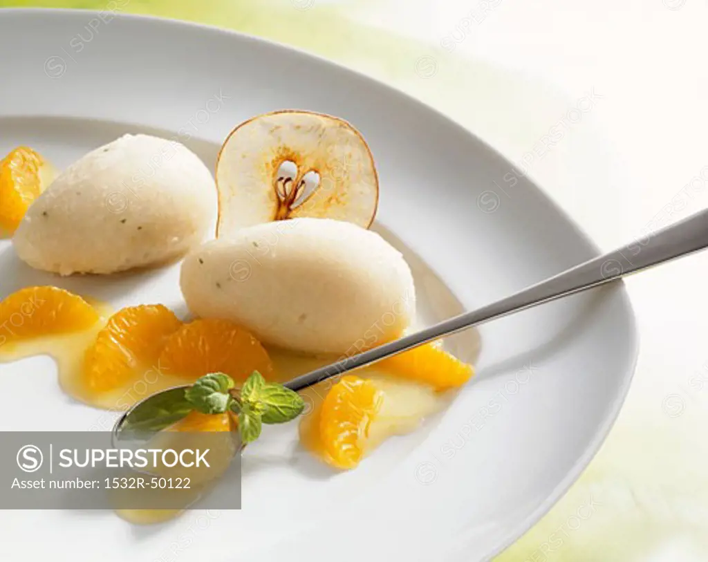 Pear and apple sorbet with mandarin compote