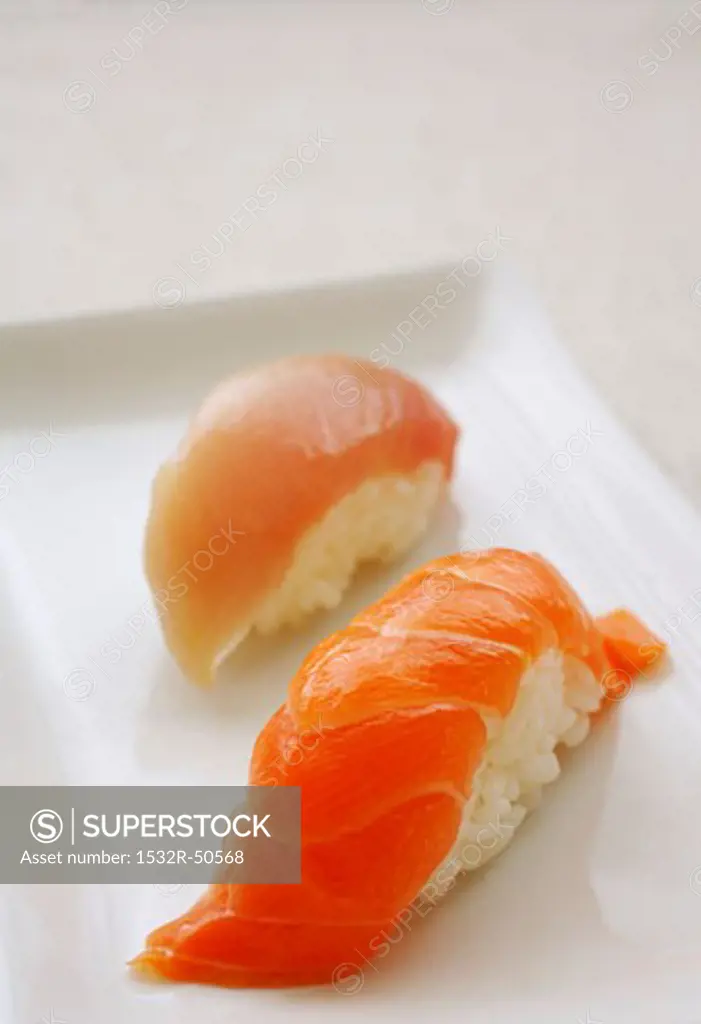 Two nigiri sushi made with salmon and tuna