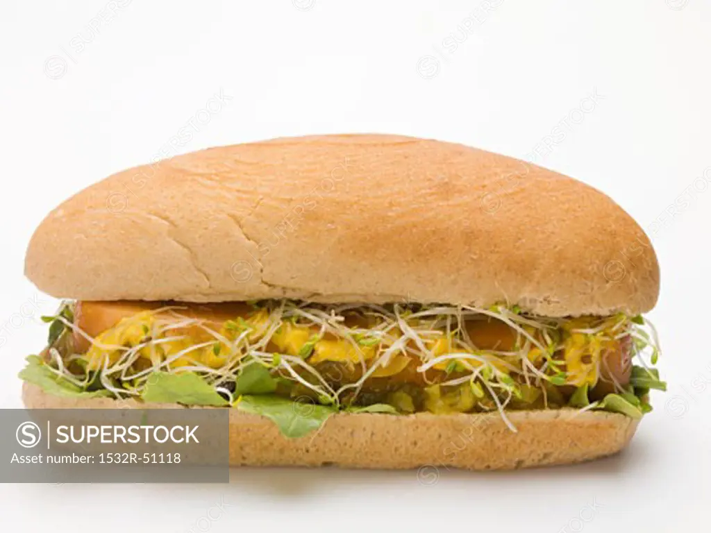 A hot dog with sprouts and lettuce