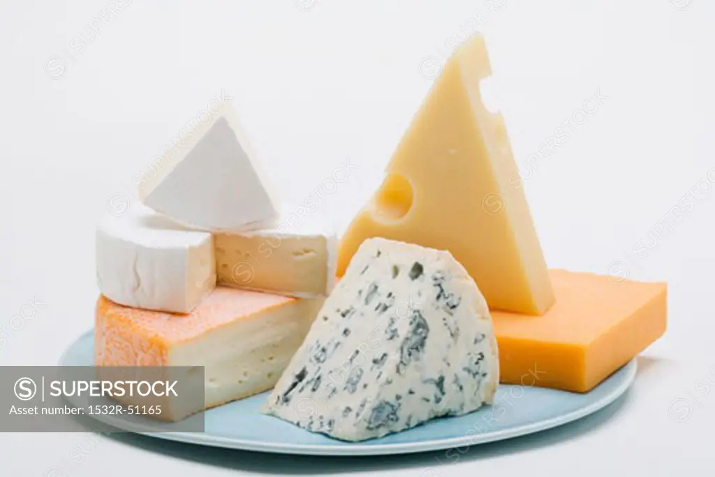 Cheese plate with hard cheese, blue cheese and soft cheese