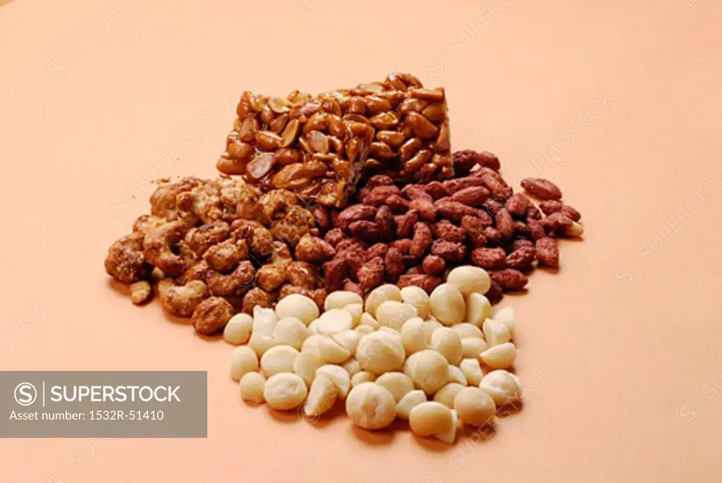 Macadamia nuts, nut brittle, roasted peanuts, cashew nuts