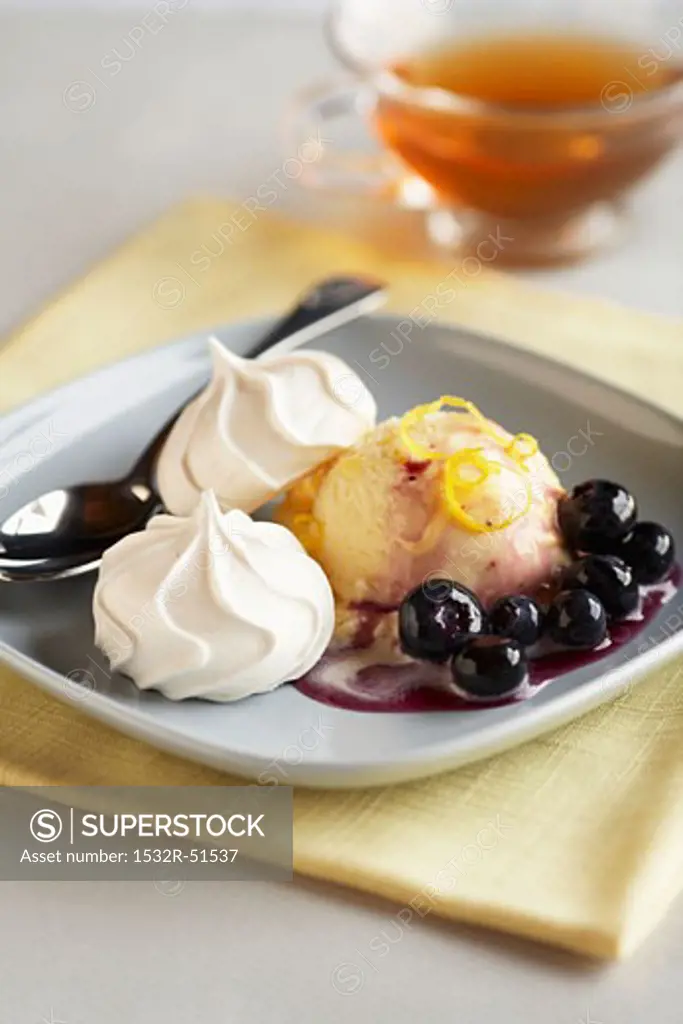 Meringue with a Scoop of Ice Cream with Blueberries