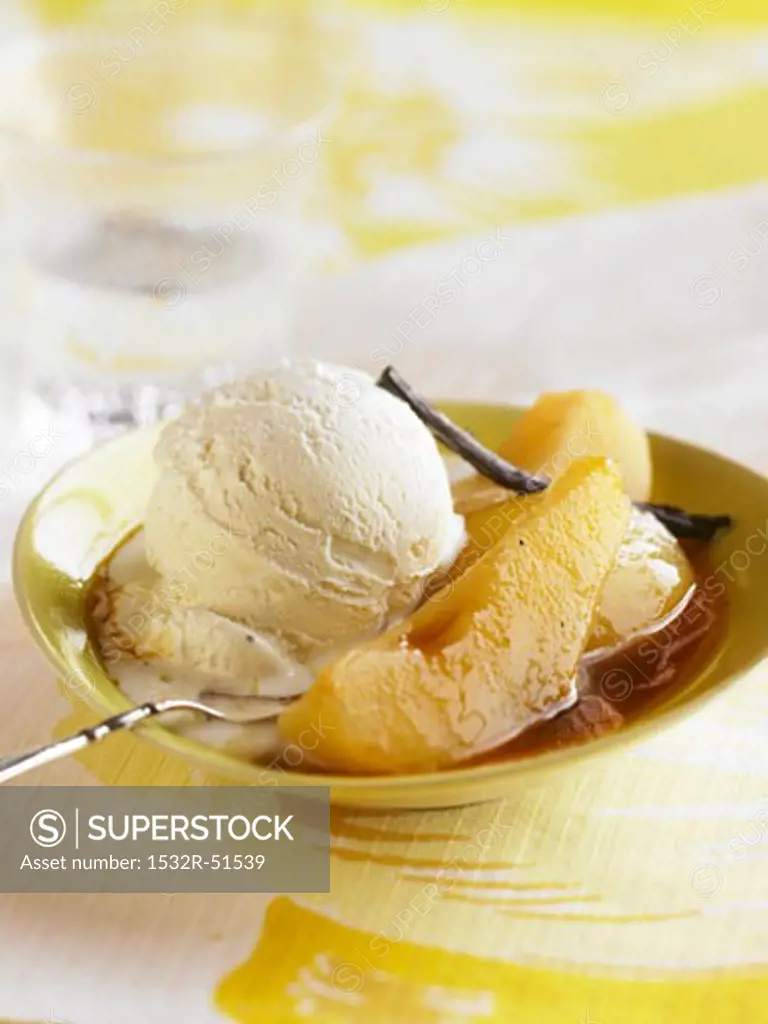 Vanilla Ice Cream with Pears and Caramel Sauce