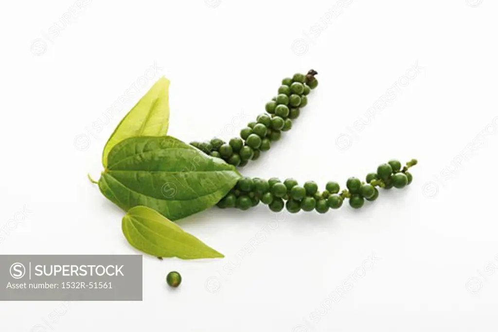 Clusters of green peppercorns with leaves