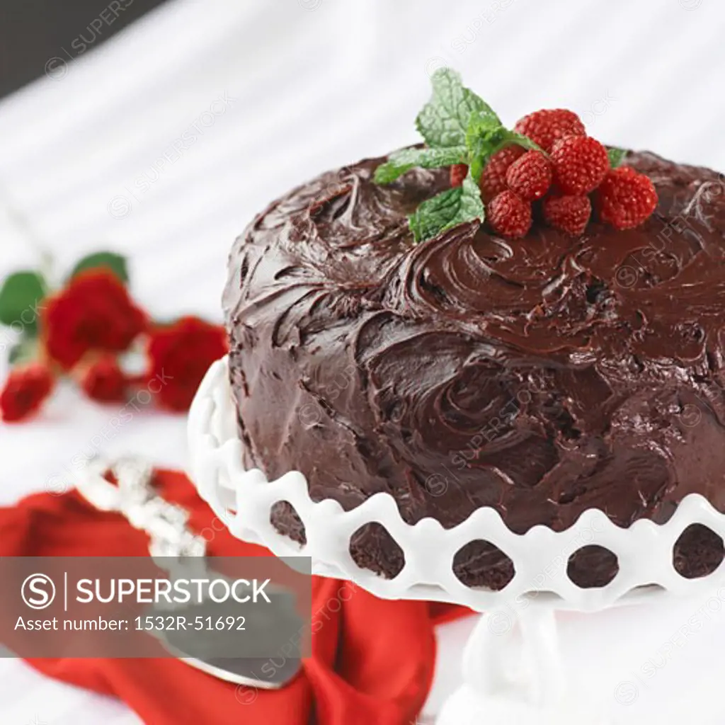 Chocolate Cake on Cake Stand with Raspberry Garnish; Roses