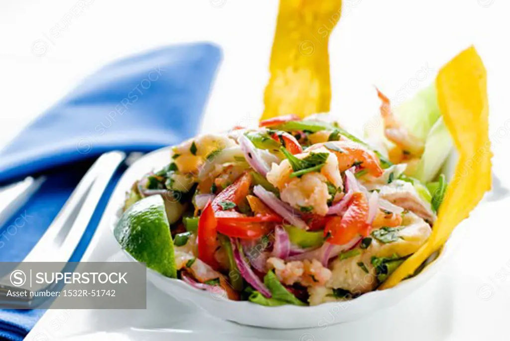 Bowl of Ceviche with Fried Banana Strips