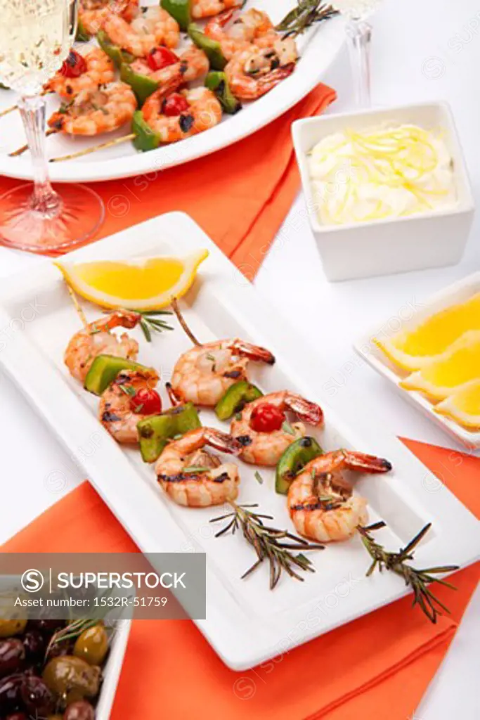Grilled Shrimp Skewers on Rosemary Branches; Lemon Aioli