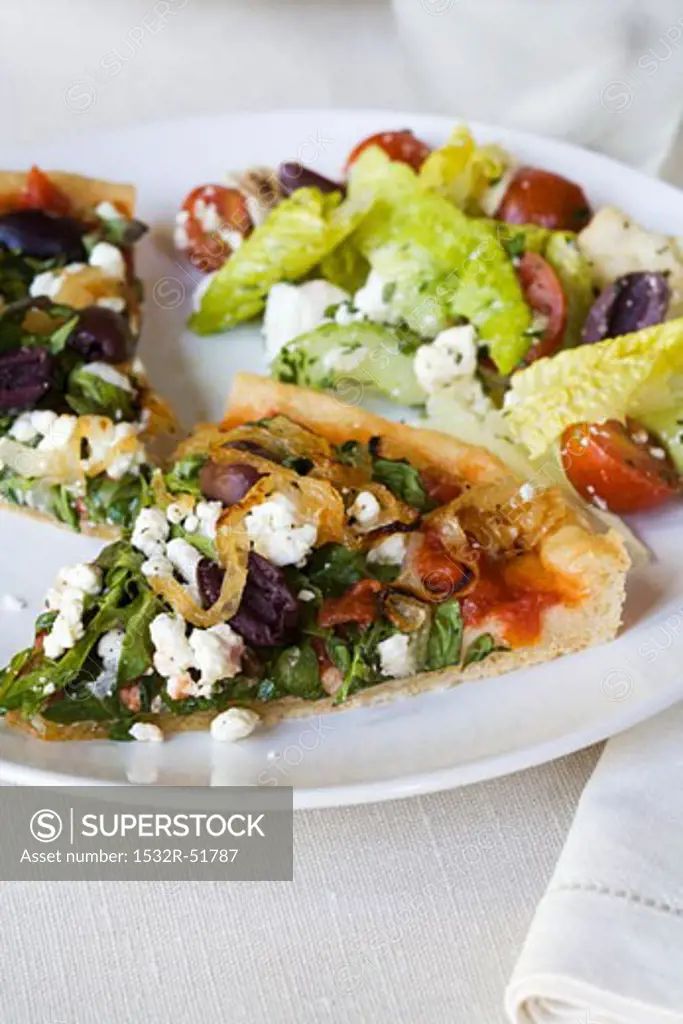 Arugula, Olives and Feta Pizza Slices with Side Salad
