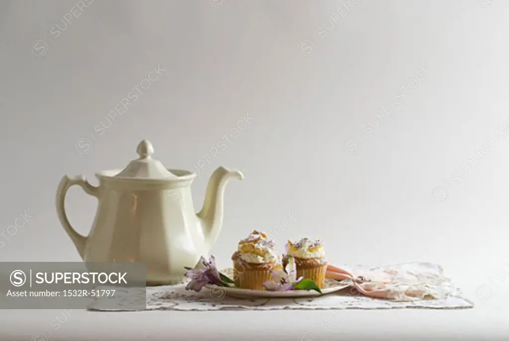 Plate of Cupcakes with Tea Pot