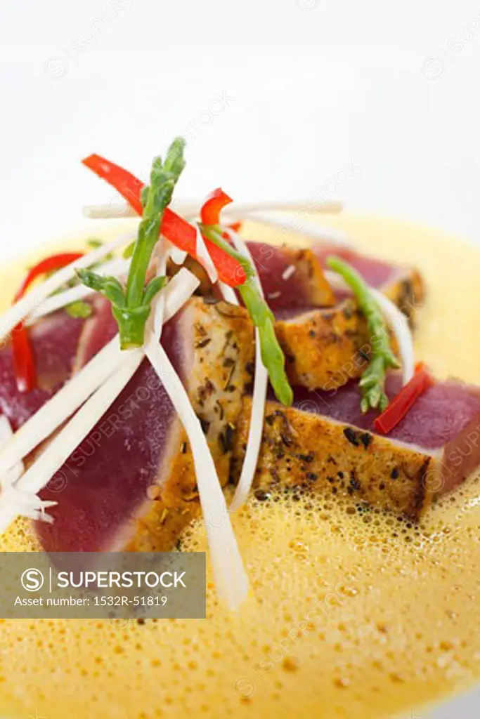 Seared Tuna with Hearts of Palm, Sea Beans and Lobster Curry Sauce