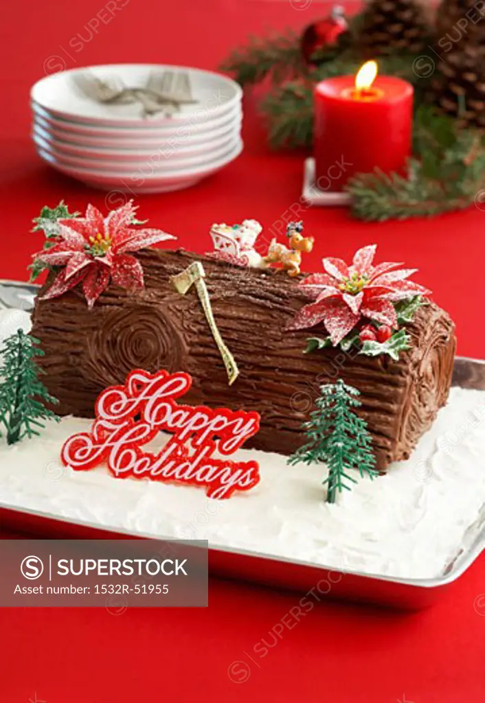 Chocolate Yule Log with Happy Holidays Sign