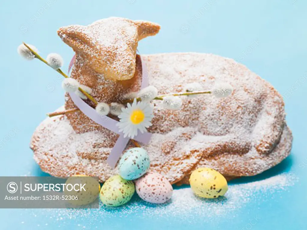 Baked Easter lamb with pussy willow and Easter eggs