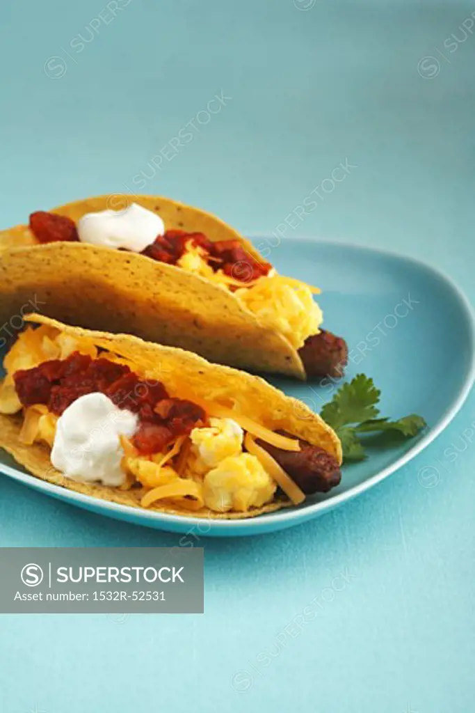 Breakfast Tacos; Filled with Sausage and Scrambled Eggs