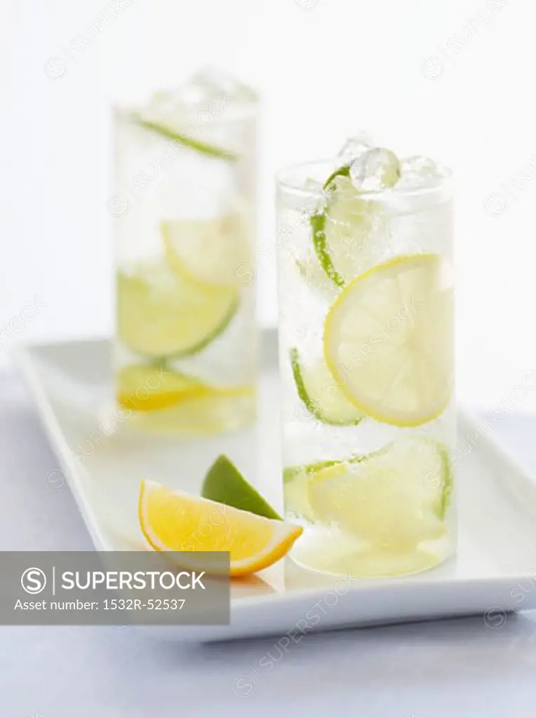 Two Glasses of Seltzer Water with Lemon and Lime Slices