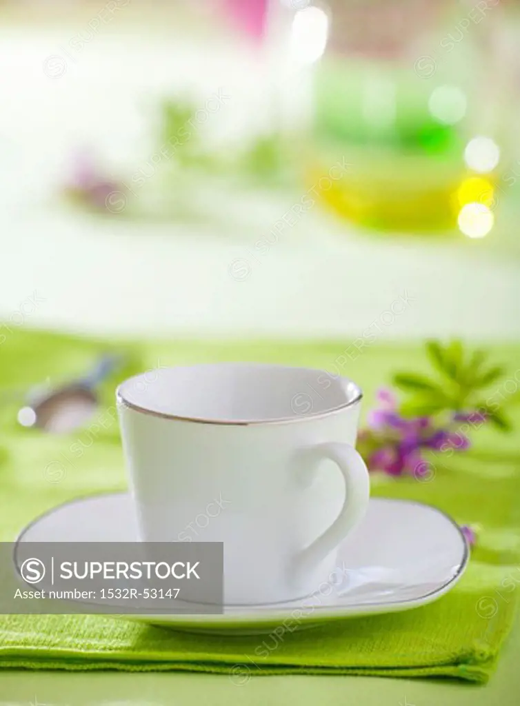 White cup and saucer with silver rim, lavender