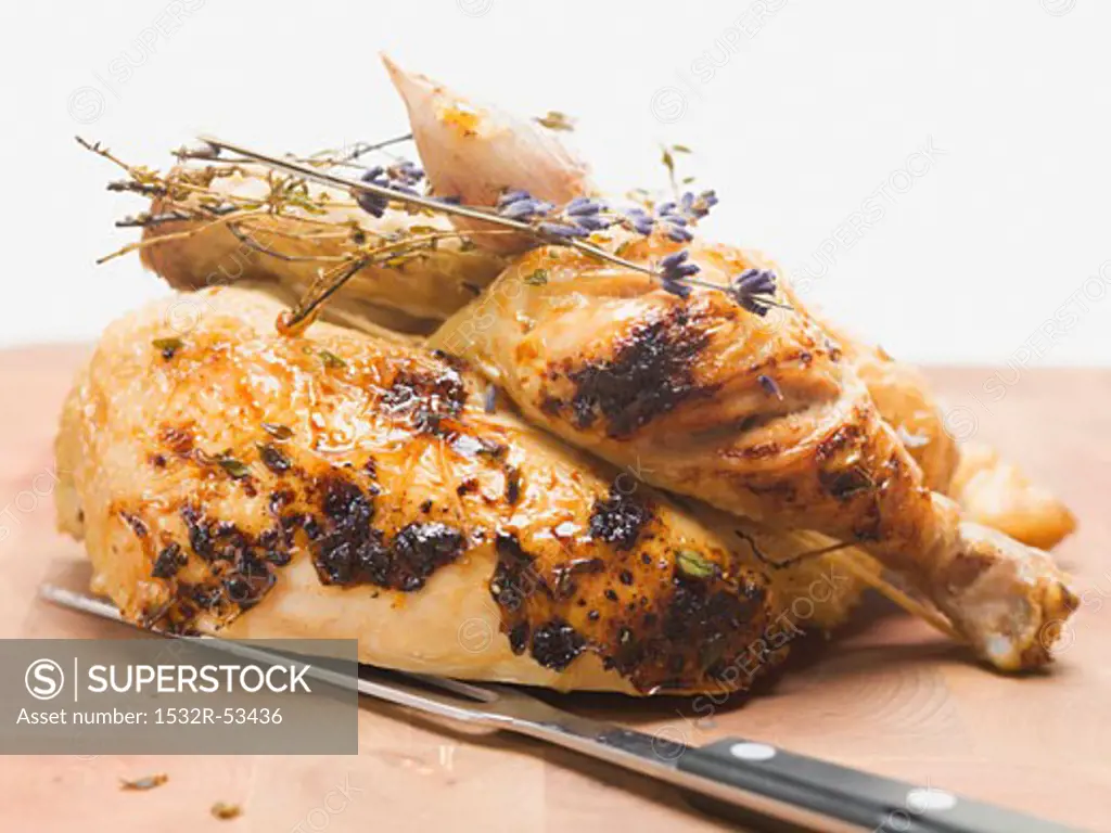 Half a roast chicken with lavender