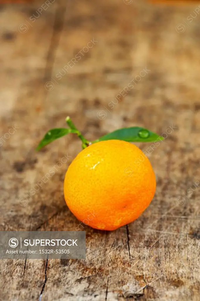 Ornamental orange with leaves on wooden background