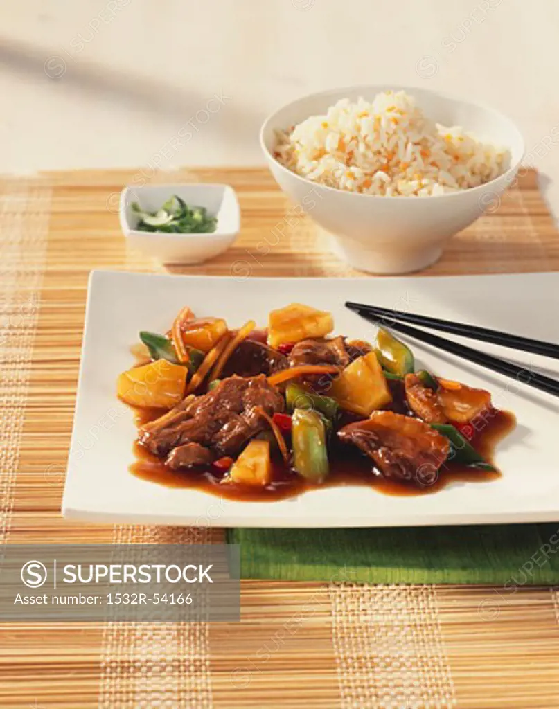 Sweet and sour beef with rice