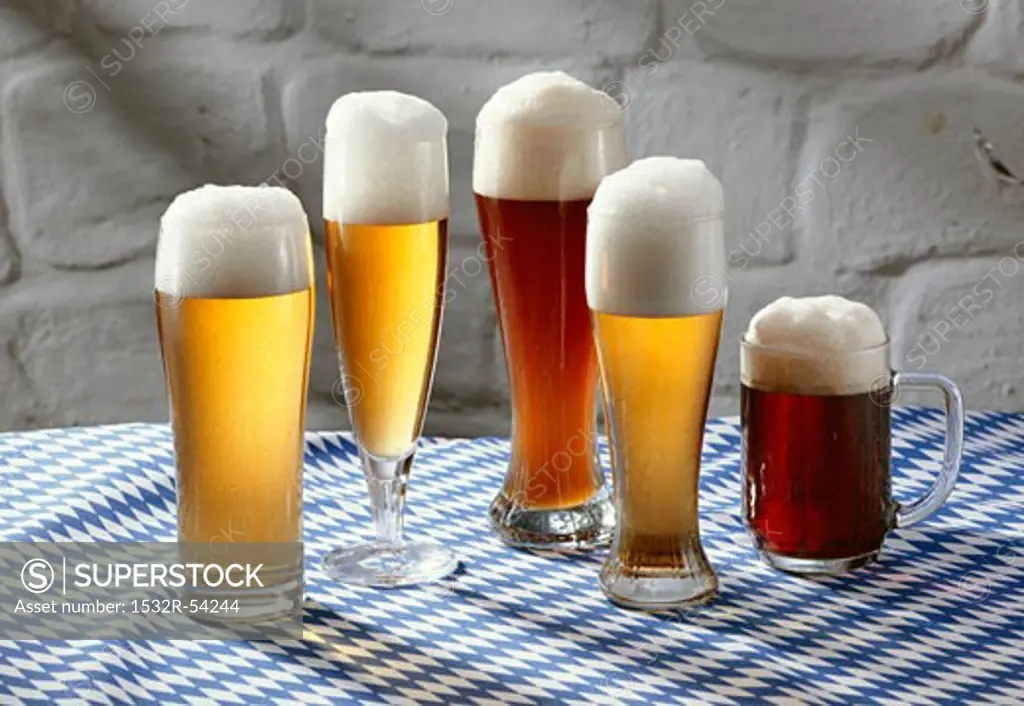 Five different Bavarian beers in glasses