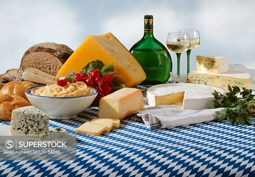 Bavarian cheeses specialities with bread and wine
