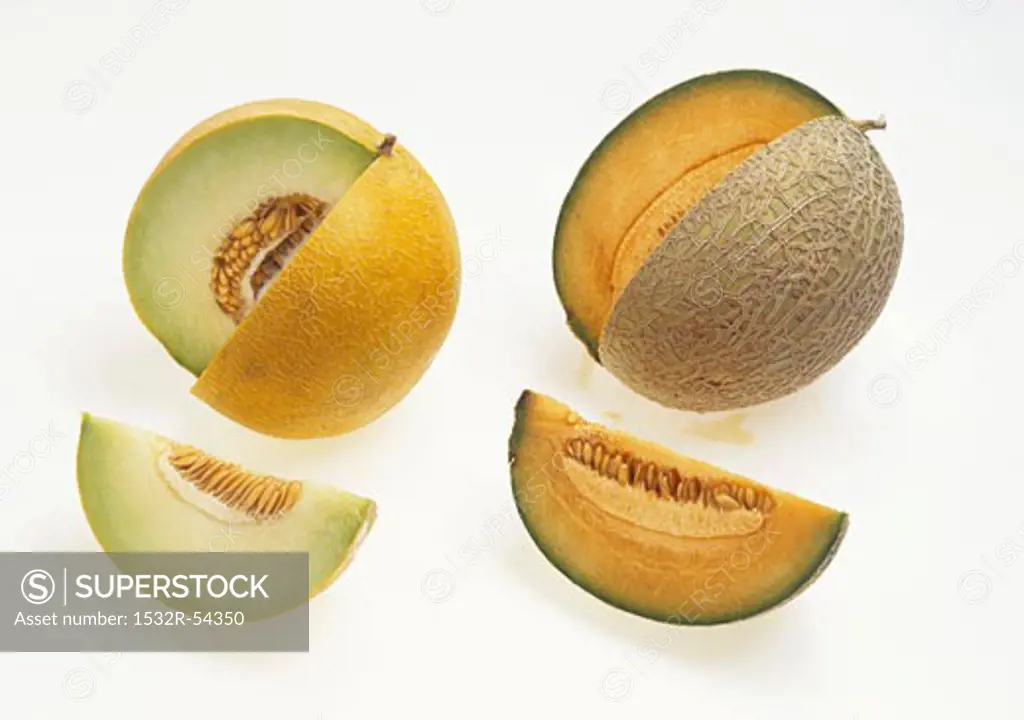 Two melons, each with a wedge removed