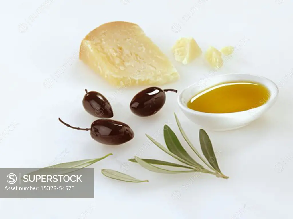 Olive oil, black olives and Parmesan