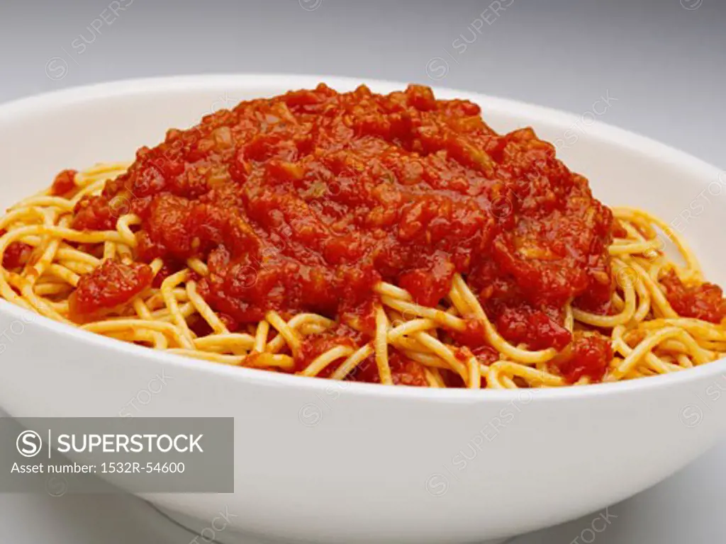 Spaghetti with Tomato Sauce in a White Bowl