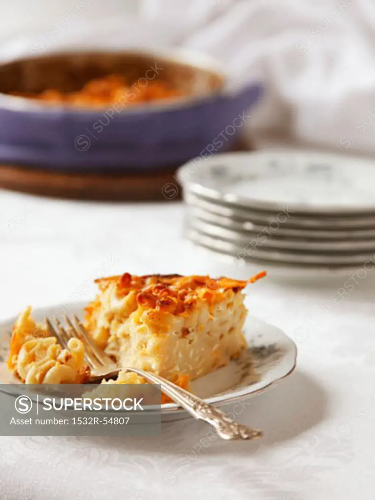 Slice of Baked Macaroni and Cheese on a Plate