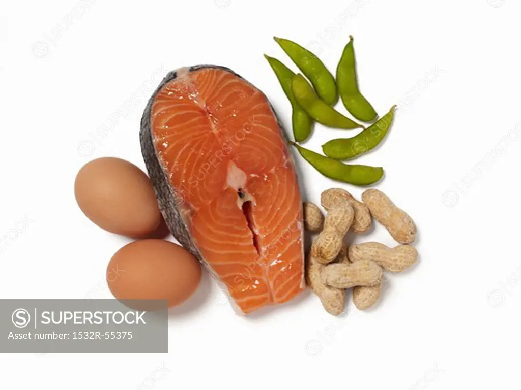 A salmon fillet, eggs, peanuts and soya beans