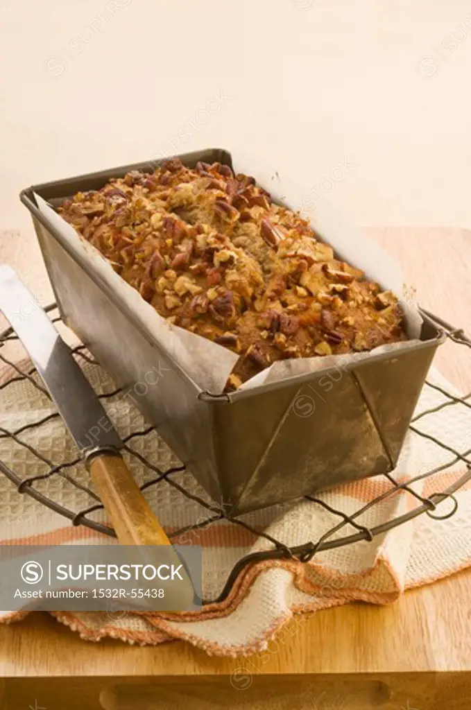 Banana and pecan nut cake in a loaf tin
