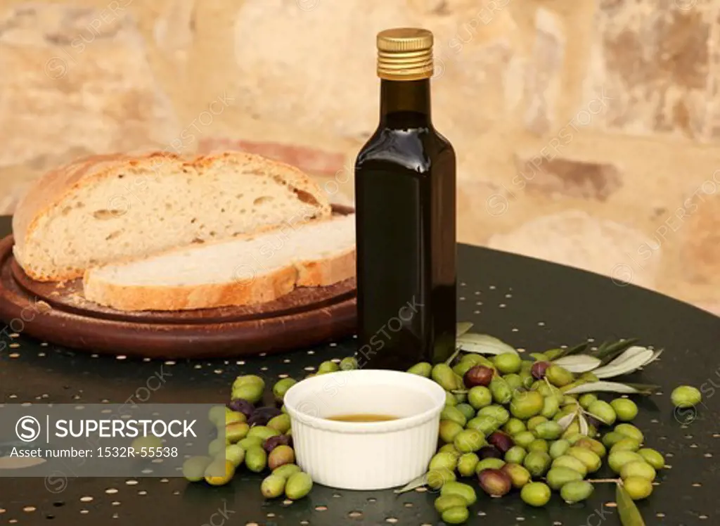 Bread, cold-pressed olive oil and olives, Perugia, Umbria, Italy