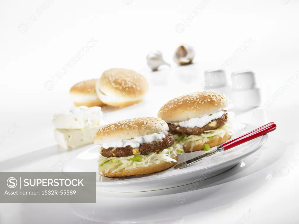 Greek-style hamburger with tzatziki