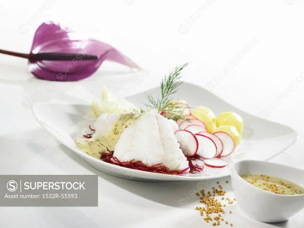 Fish fillet with mustard sauce, radishes and potatoes