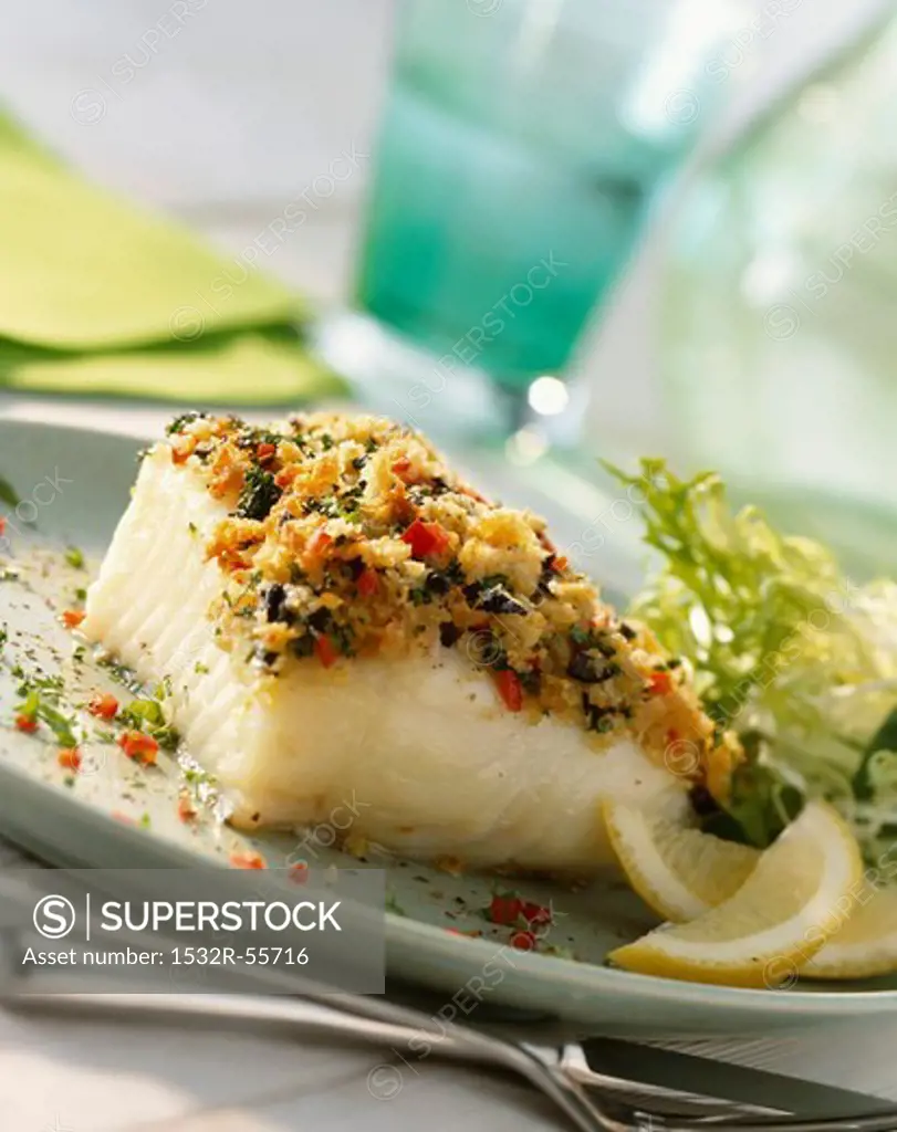 Sea bass fillet with a herb and garlic crust