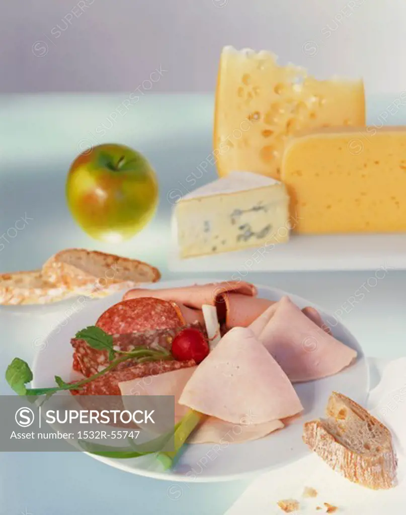 Sliced meat platter with various cheeses in the background