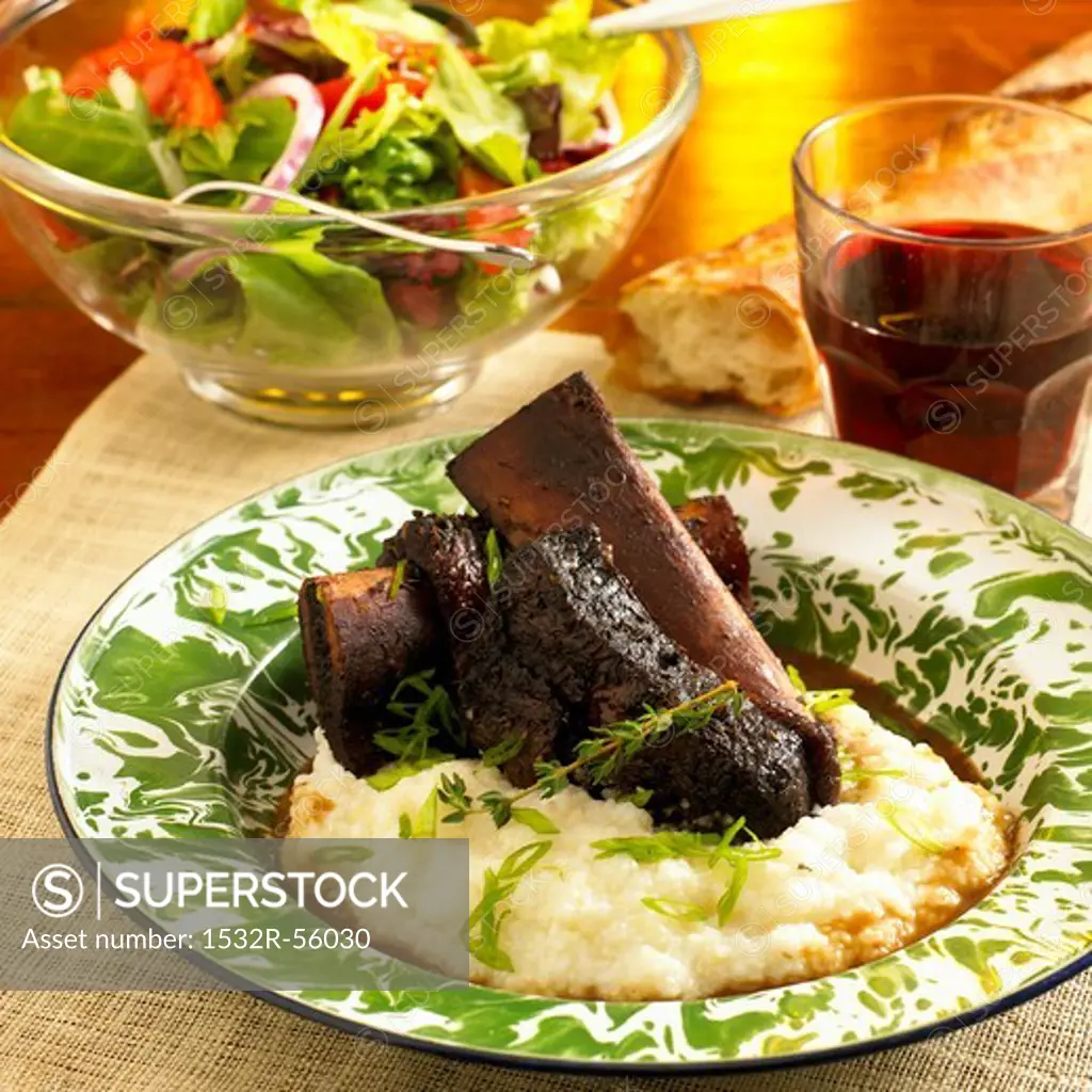 Grilled Short Ribs Over Polenta with Au Jus Sauce; Salad and Red Wine