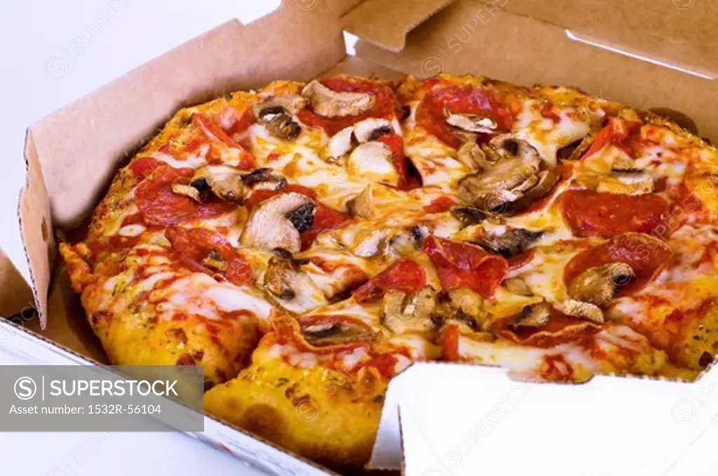 Mushroom Pepperoni Pizza in Take Out Box