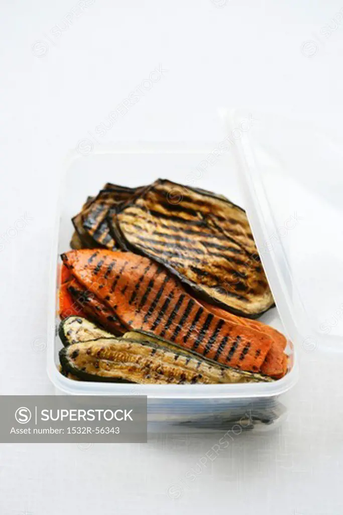 Grilled vegetables in a plastic box