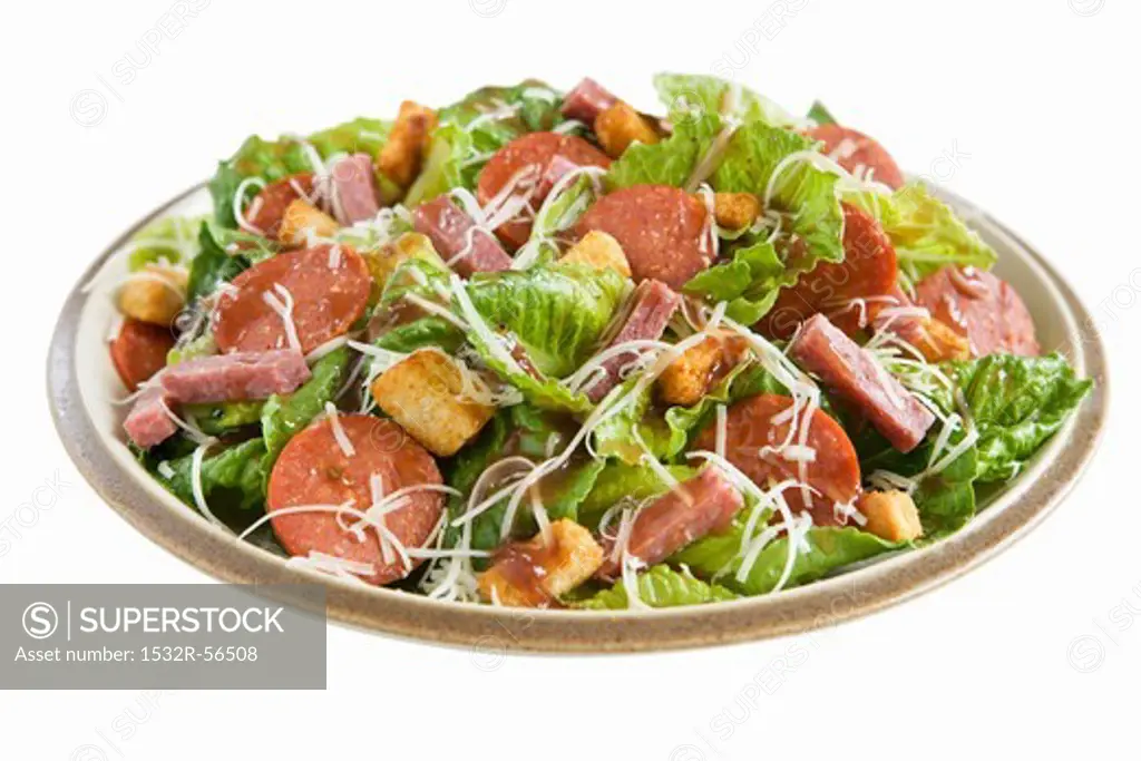 Salad with Romaine, Salami, Cheese and Croutons; White Background